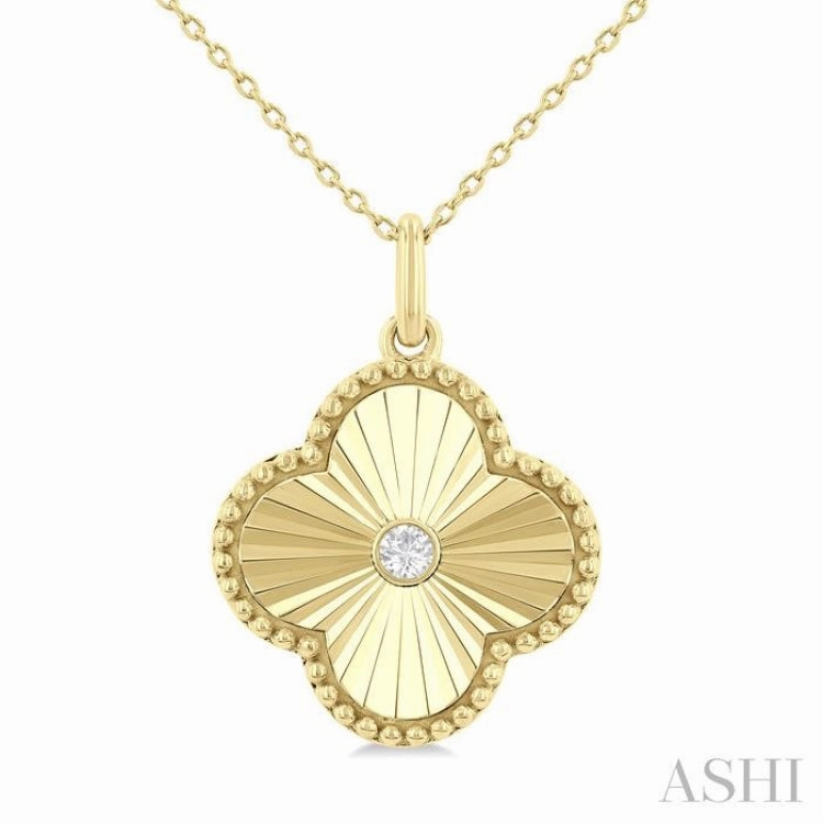 Business Accessory 1/20 Ctw Clover Fluted Medallion Round Cut Diamond Pendant With Chain in 10K Yellow Gold
