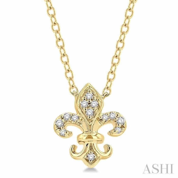 Mindful Item 1/20 Ctw Fleur De Lis Round Cut Diamond Petite Fashion Pendant With Chain in 10K Yellow Gold