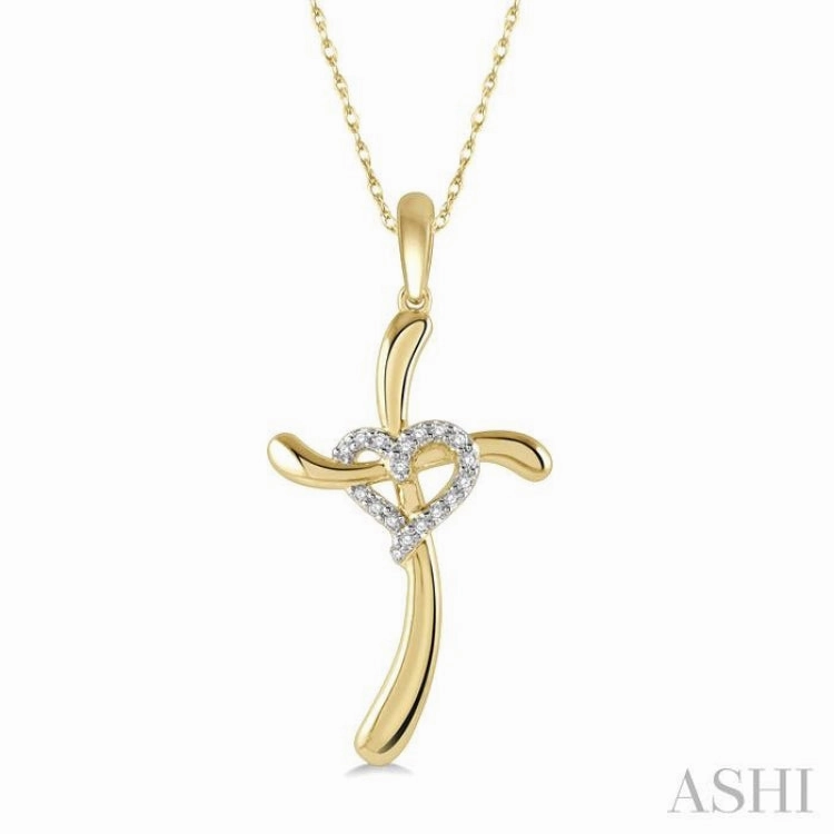 Spring Color Autumn Warm 1/20 Ctw Heart Entangled Cross Charm Round Cut Diamond Pendant With Chain in 10K Yellow Gold