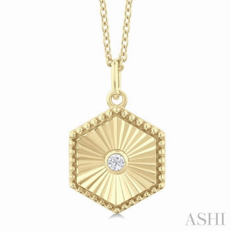 1/20 Ctw Hexagon fluted medallion Round Cut Diamond Pendant With Chain in 10K Yellow Gold Urban Gift Wedding Day