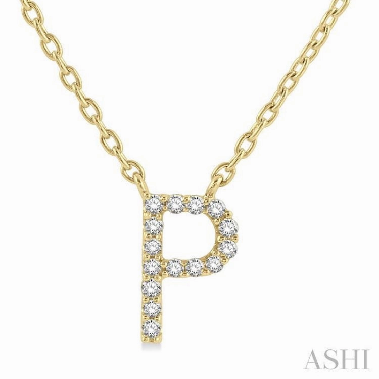 1/20 Ctw Initial 'P' Round Cut Diamond Pendant With Chain in 10K Yellow Gold occasional wear Simple Detail