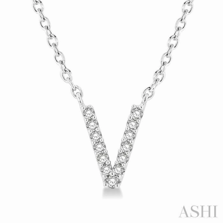 One Of A Kind Item 1/20 Ctw Initial 'V' Round Cut Diamond Pendant With Chain in 10K White Gold