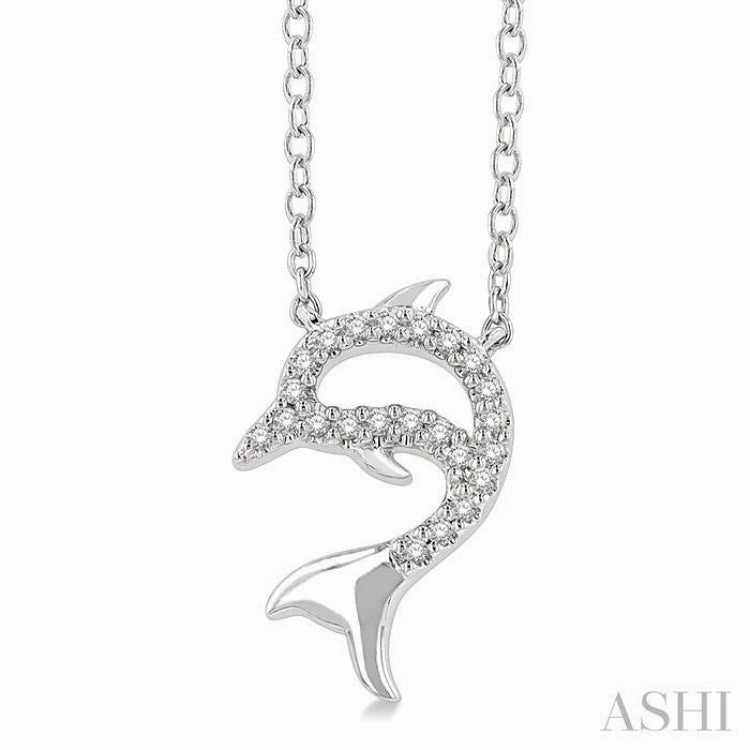 1/20 Ctw Petite Sea Life Dolphin Round Cut Diamond Fashion Pendant With Chain in 10K White Gold Chic Spirit