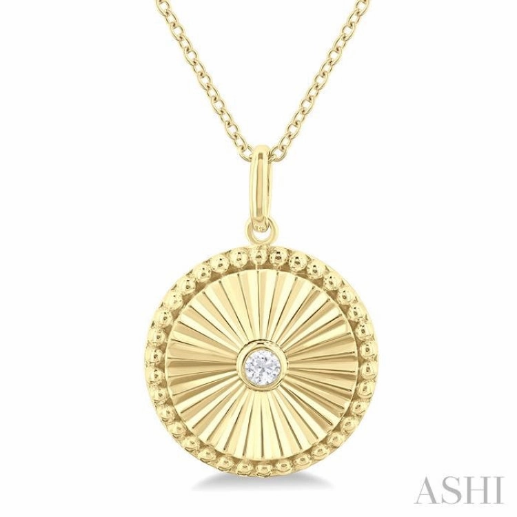 Petite Present Stylish Edge 1/20 Ctw Round fluted medallion Round Cut Diamond Pendant With Chain in 14K Yellow Gold