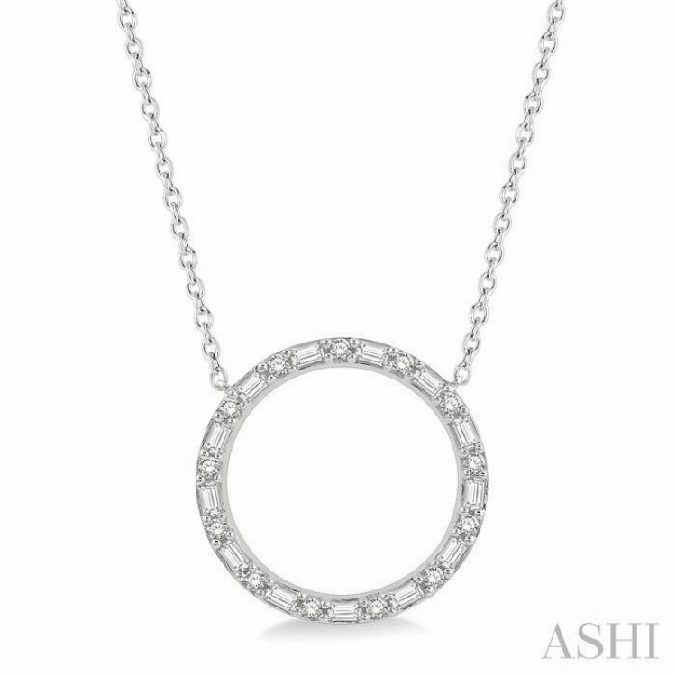 Occasional Accessory Anniversary Touch 1/2 Ctw Circle Baguette and Round Cut Diamond Pendant With Chain in 14K White Gold