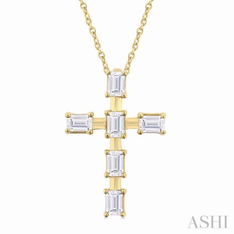 Perfect Design 1/2 Ctw Cross Emerald Cut Diamond Fashion Pendant With Chain in 14K Yellow Gold