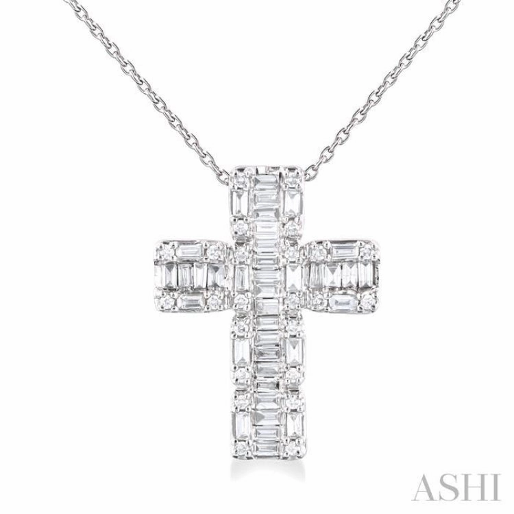 1/2 Ctw Fusion Baguette and Round Cut Diamond Cross Fashion Pendant With Chain in 14K White Gold Effortless Wear