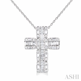 1/2 Ctw Fusion Baguette and Round Cut Diamond Cross Fashion Pendant With Chain in 14K White Gold Effortless Wear
