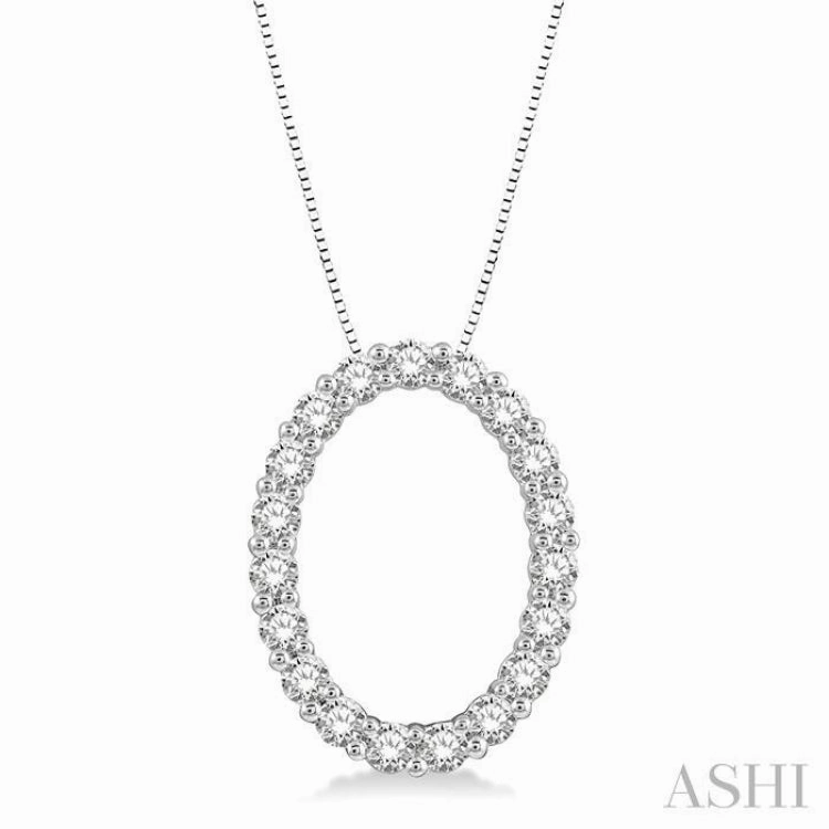 Family Detail Bohemian Charm 1/2 Ctw Oval Shape Window Round Cut Diamond Pendant With Chain in 14K White Gold