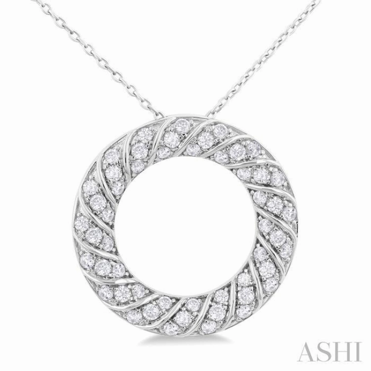 1/2 Ctw Ribbed Swirl Circle Round Cut Diamond Fashion Pendant With Chain in 14K White Gold Bold Choice
