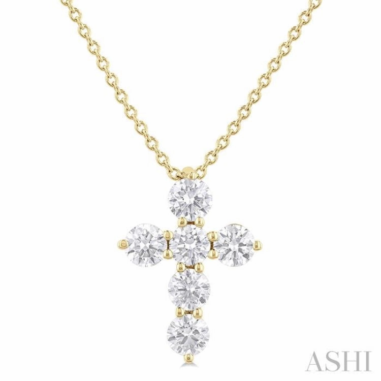 Couple Gift Graceful Detail 1/2 Ctw Round Cut Diamond Christian Cross 6-Stone Fashion Pendant With Chain in 14K Yellow Gold