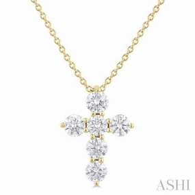 Couple Gift Graceful Detail 1/2 Ctw Round Cut Diamond Christian Cross 6-Stone Fashion Pendant With Chain in 14K Yellow Gold