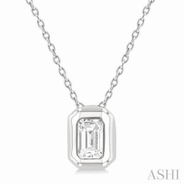 Magnificent Item 1/3 Ctw Bezel Set Emerald Cut Diamond Bubble Fashion Pendant With Chain in 14K White Gold