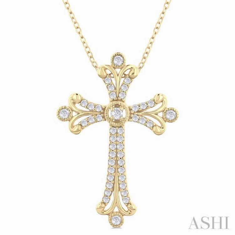Romantic Moment 1/3 Ctw Cross Round Cut Diamond Fashion Pendant With Chain in 14K Yellow Gold