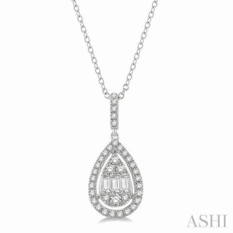 Fashion Jewelry 1/3 Ctw Pear Shape Halo Baguette and Round Cut Diamond Fusion Pendant With Chain in 14K White Gold
