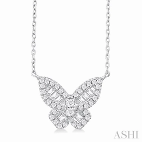 Minimalist Present 1/3 Ctw Petite Butterfly Baguette and Round Cut Diamond Fashion Pendant With Chain in 10K White Gold