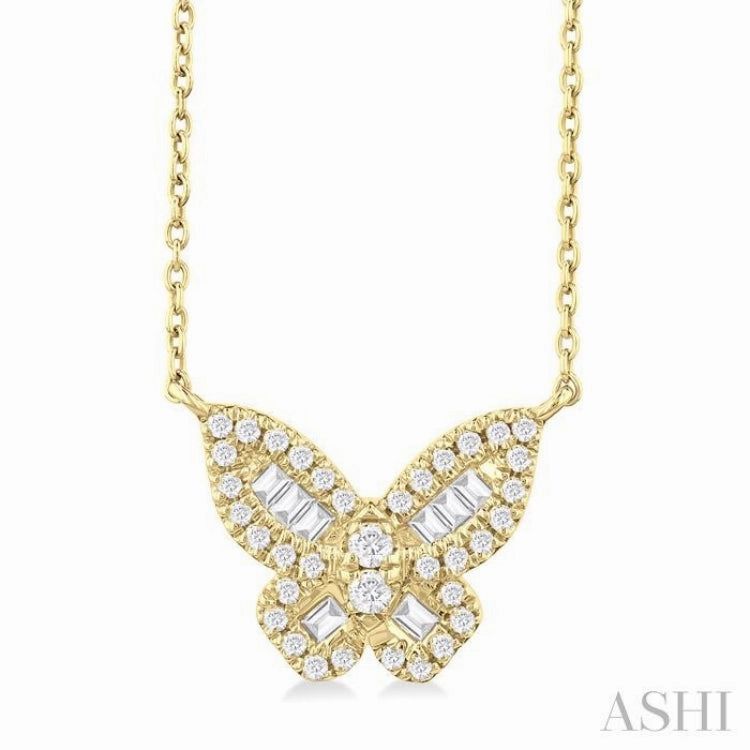 Elegant Style Pure Style 1/3 Ctw Petite Butterfly Baguette and Round Cut Diamond Fashion Pendant With Chain in 10K Yellow Gold