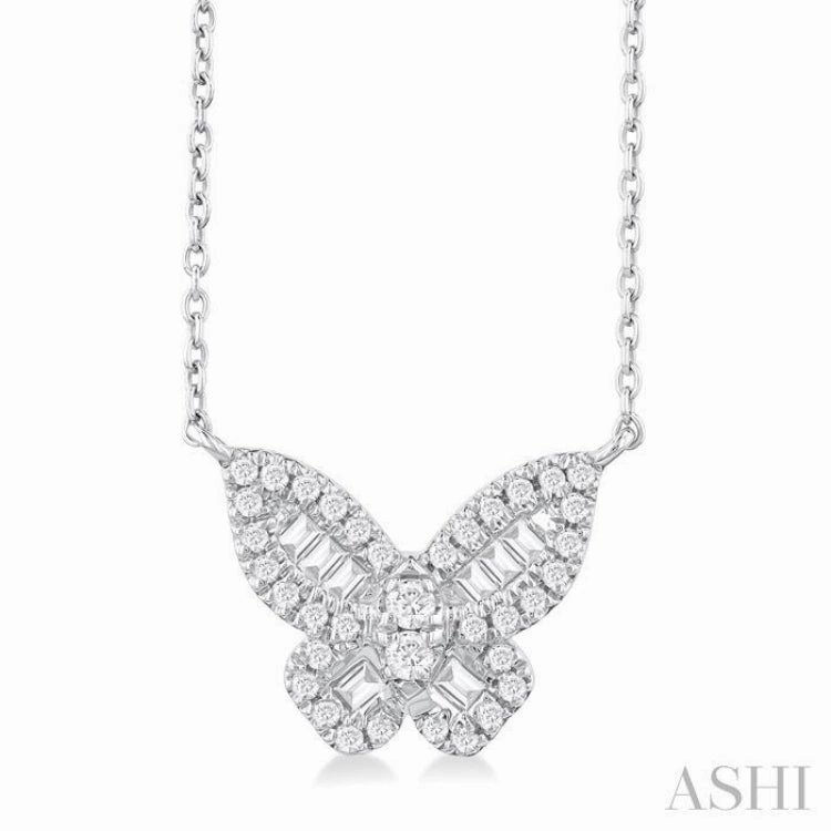 Superior Item 1/3 Ctw Petite Butterfly Baguette and Round Cut Diamond Fashion Pendant With Chain in 14K White Gold