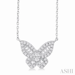 Superior Item 1/3 Ctw Petite Butterfly Baguette and Round Cut Diamond Fashion Pendant With Chain in 14K White Gold