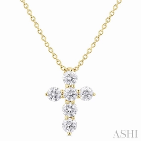 Everyday Gift 1/3 Ctw Round Cut Diamond Christian Cross 6-Stone Fashion Pendant With Chain in 14K Yellow Gold