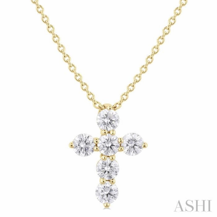 Everyday Gift 1/3 Ctw Round Cut Diamond Christian Cross 6-Stone Fashion Pendant With Chain in 14K Yellow Gold
