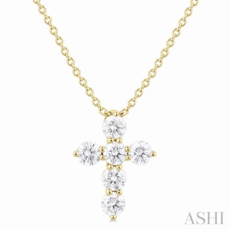 Lovely Gift 1/3 Ctw Round Cut Diamond Christian Cross 6-Stone Fashion Pendant With Chain in 14K Yellow Gold