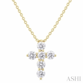 For Daughter Stackable Piece 1/3 Ctw Round Cut Diamond Christian Cross 6-Stone Fashion Pendant With Chain in 14K Yellow Gold