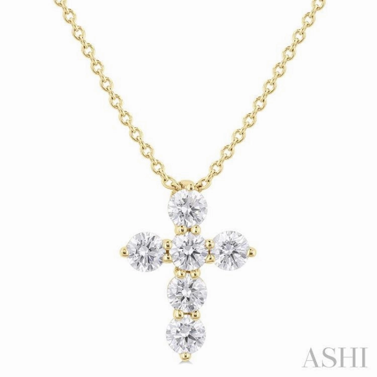 For Daughter Stackable Piece 1/3 Ctw Round Cut Diamond Christian Cross 6-Stone Fashion Pendant With Chain in 14K Yellow Gold