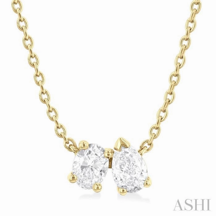 Excellent Style 1/3 Ctw Toi Et Moi Oval and Pear Cut Diamond Pendant With Chain in 14K Yellow Gold