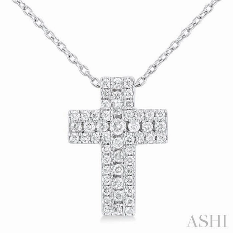 Polished Mood Affordable Style 1/4 Ctw Cross Round Cut Diamond Fashion Pendant With Chain in 14K White Gold
