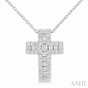 Polished Mood Affordable Style 1/4 Ctw Cross Round Cut Diamond Fashion Pendant With Chain in 14K White Gold