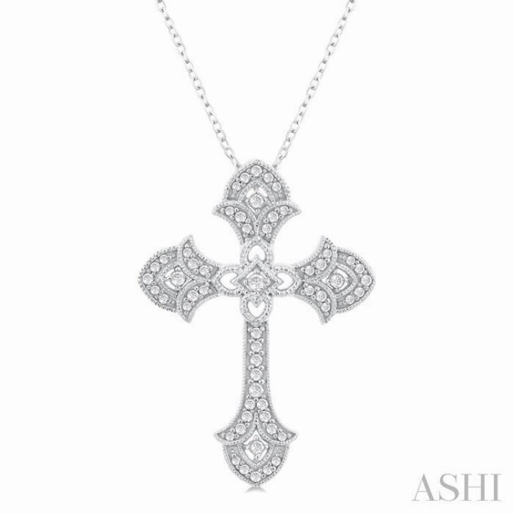 Superior Item 1/4 Ctw Cross Round Cut Diamond Fashion Pendant With Chain in 14K White Gold