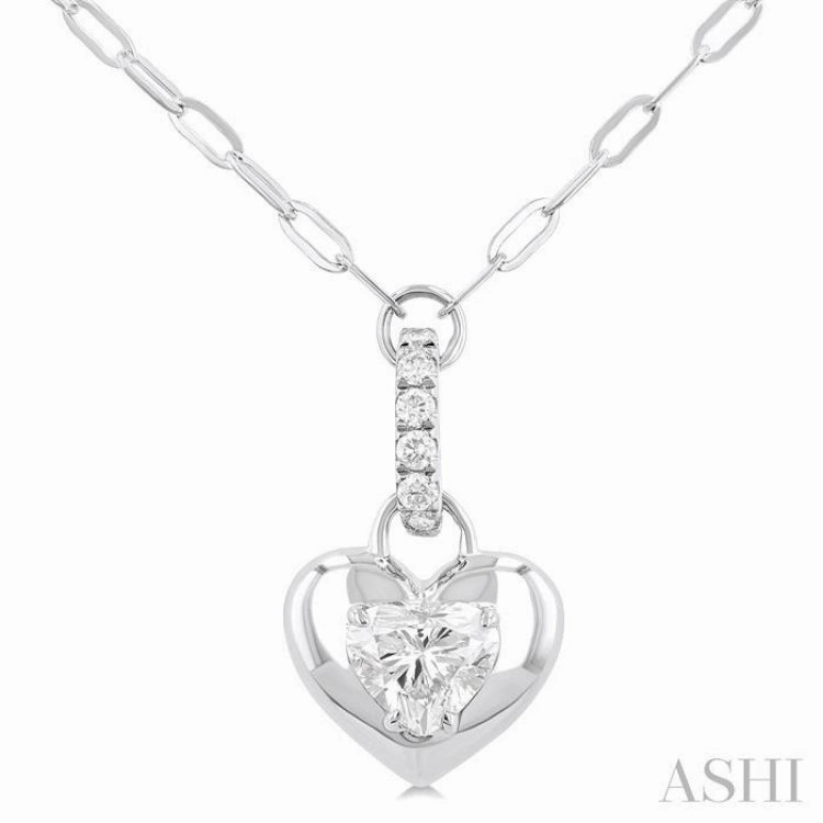 Birthday Style for meditation 1/4 Ctw Dome Heart and Round Cut Diamond Fashion Pendant With Paper Clip Chain in 14K White Gold