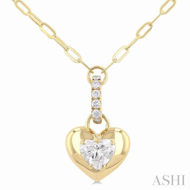 Caring Gift Trend Style 1/4 Ctw Dome Heart and Round Cut Diamond Fashion Pendant With Paper Clip Chain in 14K Yellow Gold