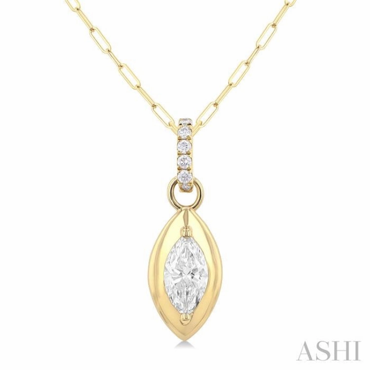 Chic Edge Distinctive Adornment 1/4 Ctw Dome Marquise and Round Cut Diamond Fashion Pendant With Paper Clip Chain in 14K Yellow Gold