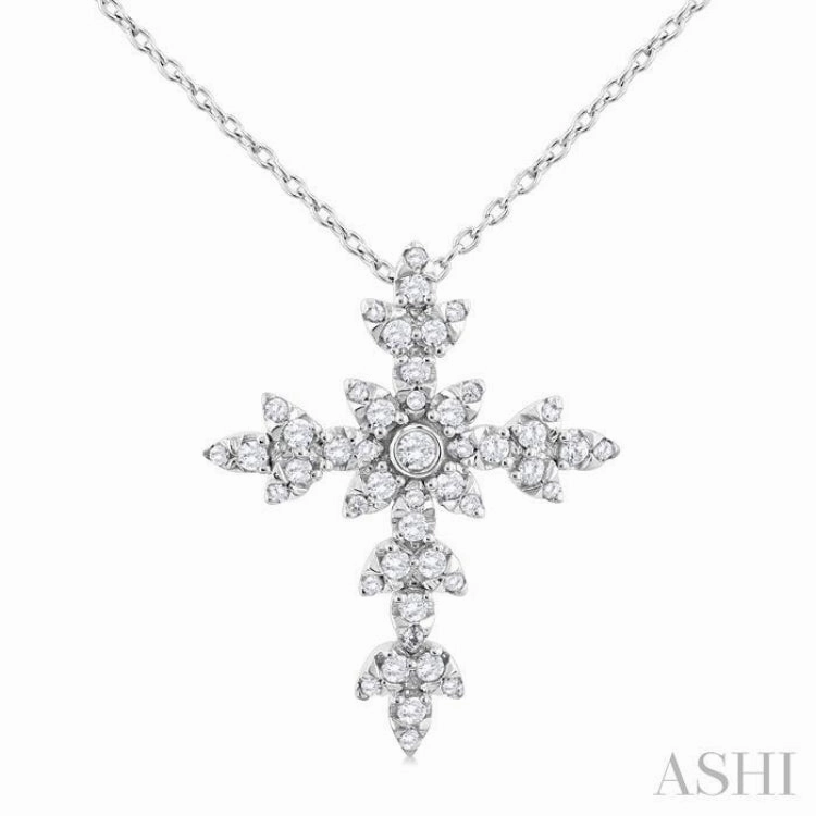 1/4 Ctw Floral Leaf Cross Round Cut Diamond Fashion Pendant With Chain in 14K White Gold Artistic Style Formal Beaded Piece