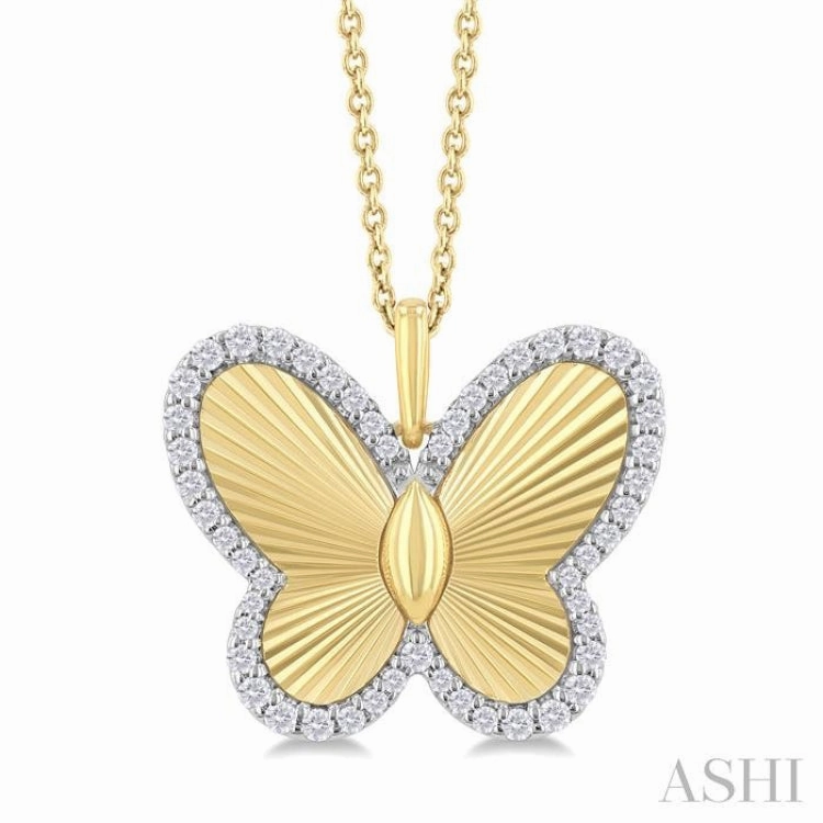 1/4 Ctw Fluted Texture Butterfly Round Cut Diamond Fashion Pendant With Chain in 10K Yellow and White Gold Work Present Glam Girl