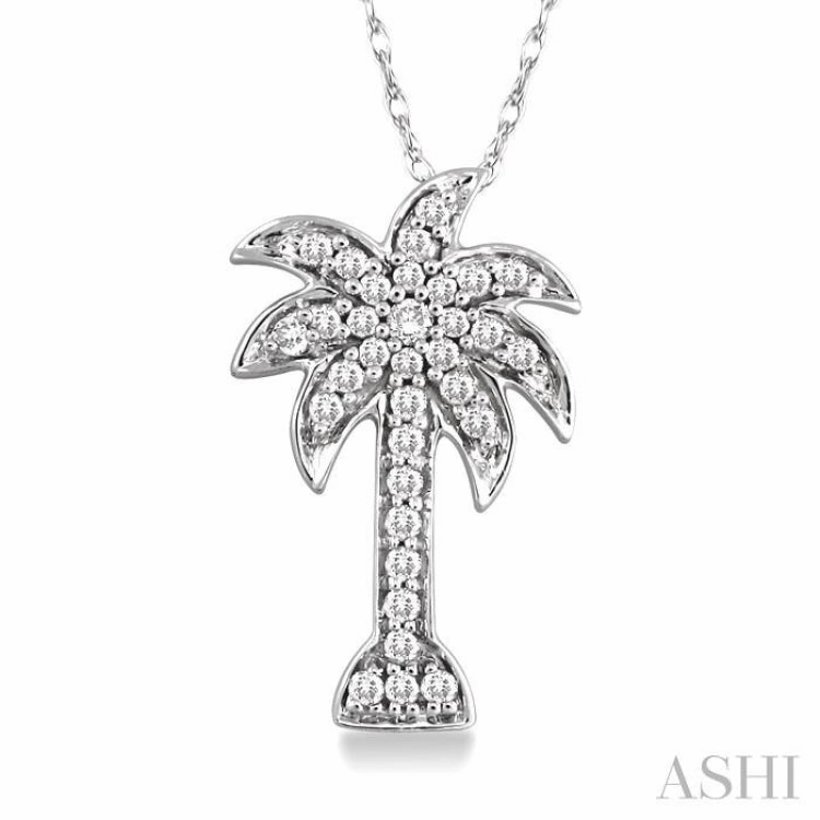 Excellent Style Carefree Day 1/4 Ctw Palm Tree Round Cut Diamond Pendant in 14K White Gold with Chain