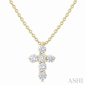 Contemporary Design Splendid Style 1/4 Ctw Round Cut Diamond Christian Cross 6-Stone Fashion Pendant With Chain in 14K Yellow Gold