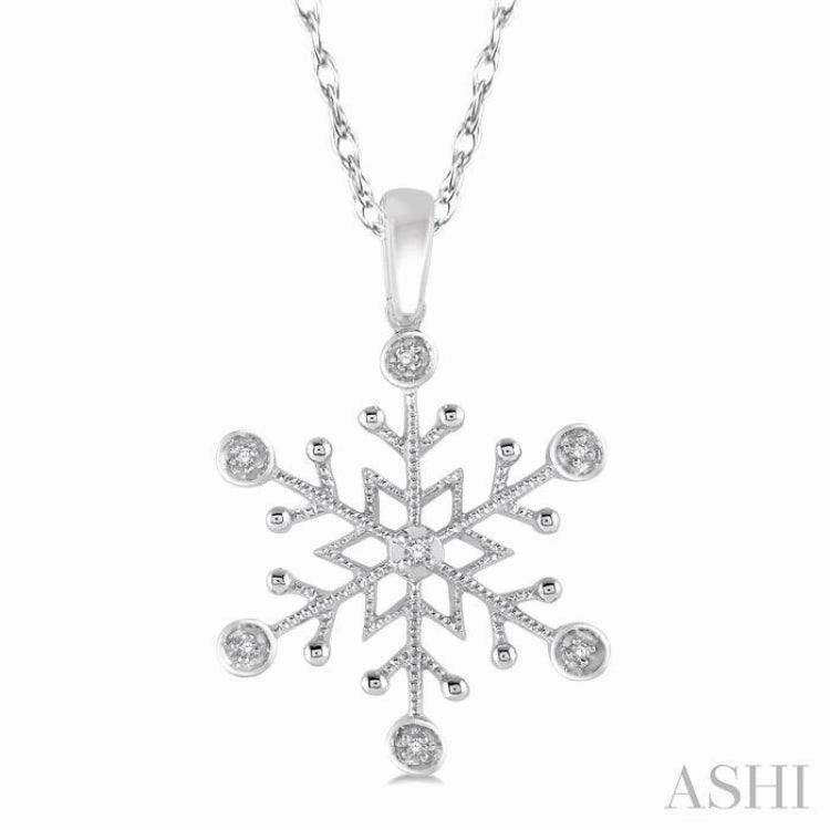 Elegant Detail 1/50 Ctw Snowflake Motif Round Cut Diamond Pendant With Link Chain in 10K White Gold