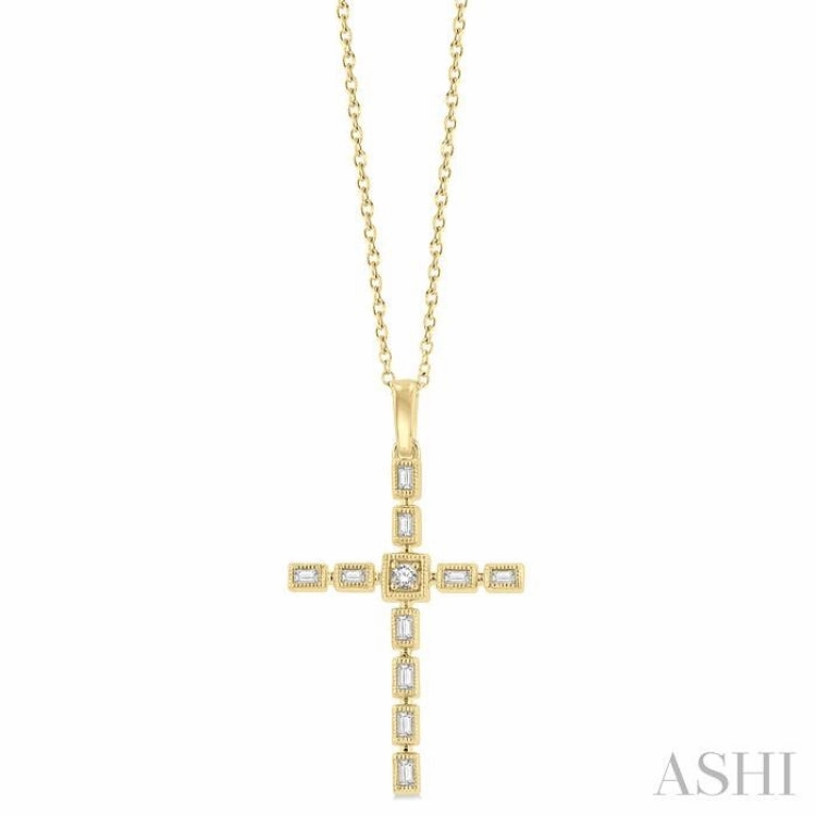 1/5 Ctw Baguette and Round Cut Diamond Cross Pendant With Chain in 10K Yellow Gold Casual Day Accessory