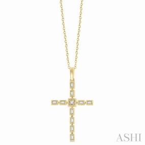 1/5 Ctw Baguette and Round Cut Diamond Cross Pendant With Chain in 10K Yellow Gold Casual Day Accessory