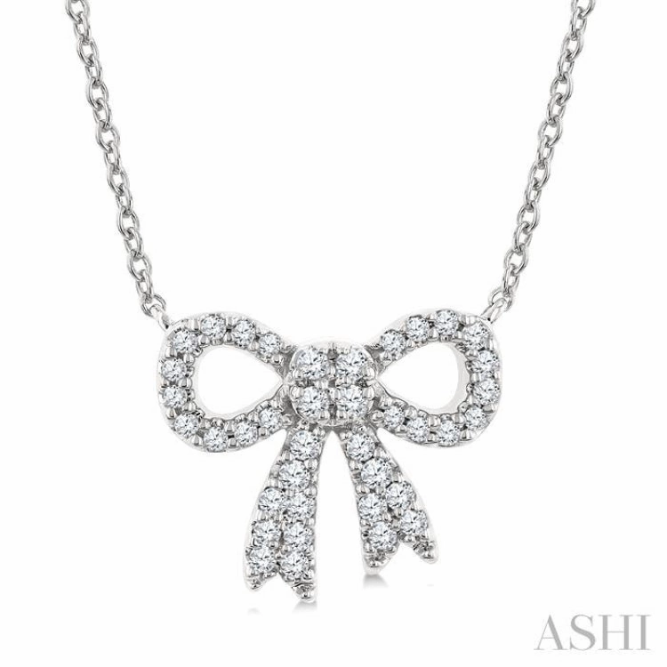 Fine Gift 1/5 Ctw Bow Single Cut Diamond Petite Fashion Pendant With Chain in 10K White Gold