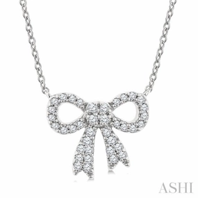 Fine Gift 1/5 Ctw Bow Single Cut Diamond Petite Fashion Pendant With Chain in 10K White Gold