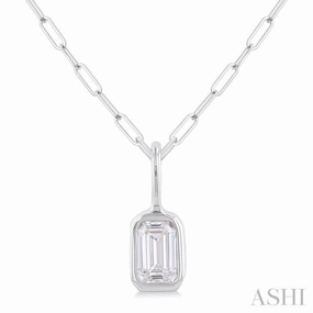 1/5 Ctw Emerald Cut Bezel Set Diamond Fashion Pendant With Paperclip Chain in 14K White Gold Summer Mood