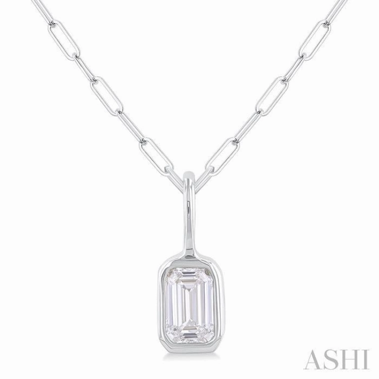 1/5 Ctw Emerald Cut Bezel Set Diamond Fashion Pendant With Paperclip Chain in 14K White Gold Summer Mood