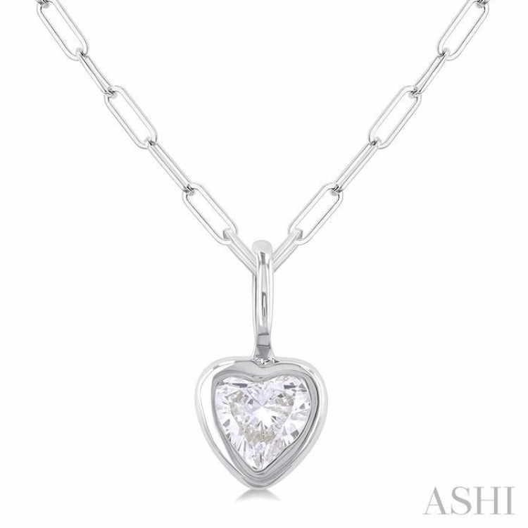 Young adult 1/5 Ctw Heart Shape Bezel Set Diamond Fashion Pendant With Paperclip Chain in 14K White Gold