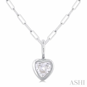 Young adult 1/5 Ctw Heart Shape Bezel Set Diamond Fashion Pendant With Paperclip Chain in 14K White Gold