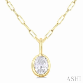 1/5 Ctw Oval Cut Bezel Set Diamond Fashion Pendant With Paperclip Chain in 14K Yellow Gold Subtle Edge