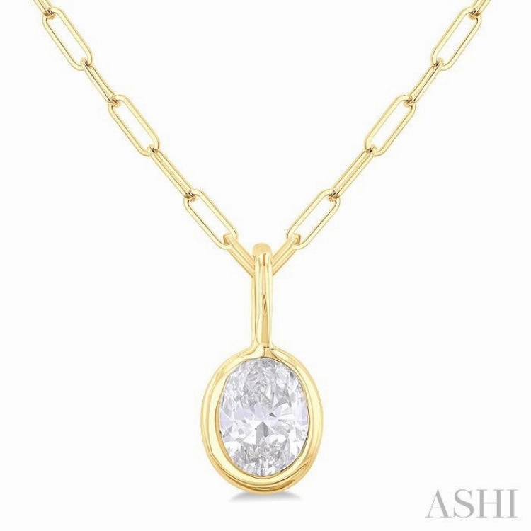 1/5 Ctw Oval Cut Bezel Set Diamond Fashion Pendant With Paperclip Chain in 14K Yellow Gold Subtle Edge
